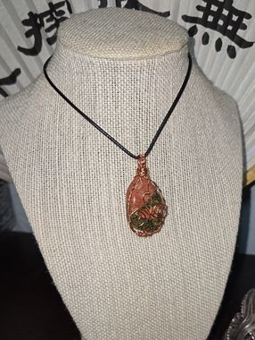 Handcrafted Copper Wire Wrapped Unakite Jasper Pendant (Reiki Healing Energy)